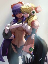 Rule 34 | 2girls, alia (mega man), android, arm around shoulder, blonde hair, blue eyes, blunt bangs, blush, breasts, capcom, commentary request, dark-skinned female, dark skin, framed breasts, gloves, hair between eyes, hair over eyes, hand on another&#039;s thigh, headset, highres, hime cut, large breasts, layer (mega man), long hair, mega man (series), mega man x8, mega man x (series), mole, mole under eye, multiple girls, purple hair, robot ears, simple background, smile, sweat, underboob, user fuyz3388, white gloves, wide hips, yuri