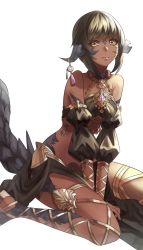Rule 34 | arms between legs, au ra, bare shoulders, black hair, breasts, crop top, dancer (final fantasy), detached sleeves, facial mark, final fantasy, final fantasy xiv, halterneck, highres, horn ornament, horns, ojiki, puffy sleeves, scales, short hair, sidelocks, simple background, sitting, small breasts, solo, strapless, tail, white background, yellow eyes, yokozuwari