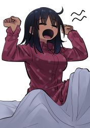 Rule 34 | 1girl, absurdres, ahoge, commentary request, dark-skinned female, dark skin, closed eyes, hands up, highres, kanke (kank06020602), long sleeves, open mouth, original, pajamas, purple shirt, shirt, simple background, solo, tearing up, waking up, white background, yawning