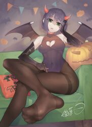 1girl bare_shoulders bat_wings black_gloves breasts cleavage cleavage_cutout clothing_cutout commentary_request couch covered_navel crossed_legs demon_horns elbow_gloves feet foot_out_of_frame gloves good_thighs_day green_eyes halloween hand_on_own_head heart_cutout heart_sticker highres horns inaba_makoto leotard looking_at_viewer medium_breasts no_shoes on_couch original pantyhose parted_lips pillow pumpkin purple_hair purple_leotard short_hair signature sitting solo wings