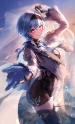 Rule 34 | 1girl, absurdres, arm up, black gloves, black hairband, blue cape, blue gloves, blue hair, blue necktie, blush, boots, breasts, cape, chest harness, clothing cutout, eshineko, eula (genshin impact), feet out of frame, genshin impact, gloves, hair between eyes, hair ornament, hairband, harness, high-waist shorts, highres, large breasts, long sleeves, looking at viewer, medium hair, multicolored eyes, necktie, puffy long sleeves, puffy sleeves, shorts, shoulder cutout, sidelocks, solo, sunset, thigh boots, thighs, two-tone gloves, vision (genshin impact), white veil, yellow eyes