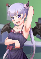 Rule 34 | 1girl, :d, arm behind head, armpits, blue dress, blunt bangs, blush, breast hold, breasts, can (canzume), covered erect nipples, demon horns, demon wings, dress, fang, highres, horns, long hair, looking at viewer, new game!, open mouth, purple eyes, purple hair, small breasts, smile, solo, strap slip, suzukaze aoba, twintails, very long hair, wings