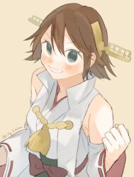 Rule 34 | 1girl, brown hair, clenched hand, detached sleeves, flipped hair, grin, headgear, hiei (kancolle), kantai collection, nontraditional miko, orange background, popped collar, ribbon-trimmed sleeves, ribbon trim, short hair, simple background, smile, solo, suppaman (rfjy), twitter username, upper body