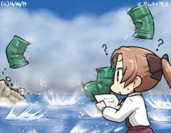 Rule 34 | 10s, 1girl, ?, akigumo (kancolle), barrel, bear, bow, brown hair, cloud, dated, day, drawing, drum (container), green eyes, hair bow, hamu koutarou, holding, holding pencil, kantai collection, long hair, long sleeves, ocean, pencil, ponytail, rock, school uniform, sketch, smoke, solo, sweat, translated, vest