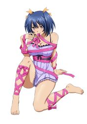 Rule 34 | 00s, 1girl, bare shoulders, barefoot, bashoku youjou, blue hair, breasts, cleavage, feet, female focus, full body, hair ribbon, ikkitousen, large breasts, purple eyes, ribbon, short twintails, sitting, smile, solo, toes, twintails