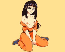 Rule 34 | 1girl, angry, black eyes, black hair, breasts, chi-chi (dragon ball), dragon ball, female focus, long hair, nipples, nortuet, revealing clothes, simple background, small breasts, solo