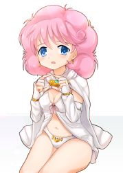 Rule 34 | 1girl, absurdres, blue eyes, breasts, cape, cleavage, commentary request, dot nose, dungeon toaster, earrings, elbow gloves, gloves, hands up, highres, jewelry, legs together, looking at viewer, medium hair, navel, open mouth, panties, partially fingerless gloves, pink hair, pink ribbon, rance (series), ribbon, sill plain, simple background, sitting, small breasts, solo, thighs, underwear, white background, white panties