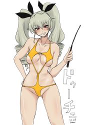 Rule 34 | 10s, 1girl, anchovy (girls und panzer), bikini, blush, breasts, collarbone, drill hair, girls und panzer, green hair, hair ornament, hair ribbon, large breasts, navel, red eyes, ribbon, simple background, smile, solo, string bikini, swimsuit, twintails, white background, yasumon
