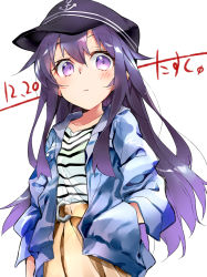 Rule 34 | 1girl, absurdres, akatsuki (kancolle), alternate costume, anchor symbol, artist name, belt, black hat, blue jacket, casual, commentary request, dated, flat cap, hair between eyes, hands in pockets, hat, highres, jacket, kantai collection, long hair, looking at viewer, messy hair, narumiya (empty cafe), one-hour drawing challenge, purple eyes, purple hair, shirt, simple background, solo, striped clothes, striped shirt, white background