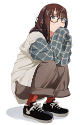 Rule 34 | 1girl, artist name, brown eyes, brown hair, cardigan vest, glasses, long hair, mattaku mousuke, original, oversized clothes, pants, shirt, shoes, sleeves past fingers, sleeves past wrists, sneakers, solo, squatting, watermark