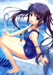 Rule 34 | 1girl, absurdres, alpha (yukai na nakamatachi), arm support, bare legs, bare shoulders, barefoot, black hair, blue eyes, cover, cover page, feet, from above, hair bobbles, hair ornament, highres, long hair, one-piece swimsuit, original, pool, pool ladder, school swimsuit, sitting, smile, solo, starting block, swimsuit, twintails, water, wet
