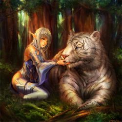 Rule 34 | 1girl, blue eyes, elf, elf (lineage 2), forest, grass, green eyes, lilaccu, lineage, lineage 2, long hair, nature, original, pointy ears, thighhighs, tiger, tree, white hair, white tiger
