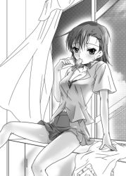Rule 34 | 1girl, bra, breasts, cleavage, food, greyscale, hair ornament, hairpin, highres, lingerie, medium breasts, misaka mikoto, monochrome, monochrome, navel, open clothes, open shirt, popsicle, shirt, skirt, solo, toaru majutsu no index, underwear, uniform