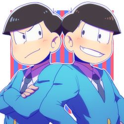 Rule 34 | 10s, 2boys, black hair, bowl cut, brothers, crossed arms, formal, hands on own hips, ittunn, male focus, matching outfits, matsuno karamatsu, matsuno osomatsu, multiple boys, osomatsu-kun, osomatsu-san, osomatsu (series), outside border, siblings, smile, striped, striped background, suit, upper body
