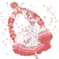 Rule 34 | 1girl, :d, ankle ribbon, arch, arm up, armpits, bouquet, breasts, cleavage, collarbone, commentary request, detached sleeves, dress, floral arch, flower, full body, hair flower, hair ornament, high heels, highres, holding, holding bouquet, layered dress, leg ribbon, leg up, lisbeth (sao), long dress, looking at viewer, medium breasts, non-web source, official art, open mouth, orange flower, petals, pink eyes, pink flower, pink footwear, pink hair, pink ribbon, pumps, red flower, ribbon, sidelocks, simple background, skirt hold, smile, solo, standing, standing on one leg, strapless, strapless dress, sword art online, sword art online: memory defrag, transparent background, wedding dress, white dress