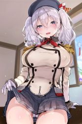 Rule 34 | 10s, 1girl, :d, beret, blue eyes, blush, breasts, buttons, cameltoe, clothes lift, collared shirt, covered erect nipples, cowboy shot, double-breasted, epaulettes, gloves, hat, highres, kantai collection, kashima (kancolle), large breasts, long hair, looking at viewer, nekometaru, open mouth, panties, pantyshot, pleated skirt, shirt, silver hair, skirt, skirt lift, smile, solo, standing, sweat, teeth, twintails, underwear, white gloves, white panties, wind chime, window
