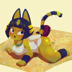 Rule 34 | 1girl, anal, anal object insertion, animal crossing, animal ears, ankha (animal crossing), ass, bare shoulders, barefoot, blue eyes, blue hair, blunt bangs, blush, blush stickers, bob cut, body fur, breasts, cat ears, cat girl, cat tail, constricted pupils, dildo, dress, egyptian, fang, female focus, female masturbation, full body, furry, furry female, gold, hair ornament, highres, jewelry, looking back, masturbation, matching hair/eyes, medium breasts, motion blur, necklace, nintendo, object insertion, open mouth, pussy juice, rakuda itou, rug, sex toy, shiny skin, short dress, short hair, sidelocks, skin fang, sleeveless, sleeveless dress, snake hair ornament, solo, sweat, tail, thick thighs, thighs, vibrator, white dress, wide hips, yellow background, yellow fur, yellow theme