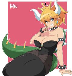 Rule 34 | 1girl, armlet, artist name, bare shoulders, bigdead, black dress, blonde hair, blue eyes, border, bowsette, bracelet, breasts, cleavage, collar, collarbone, dress, earrings, grin, hair between eyes, highres, horns, jewelry, large breasts, looking to the side, mario (series), monster girl, narrow waist, new super mario bros. u deluxe, nintendo, pink background, pointy ears, ponytail, sharp teeth, simple background, sitting, smile, solo, spiked armlet, spiked bracelet, spiked collar, spiked shell, spiked tail, spikes, strapless, super crown, tail, teeth, white border