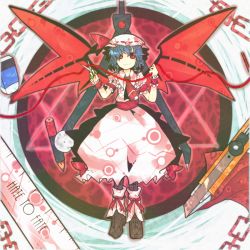 Rule 34 | 1girl, ascot, bad id, bad pixiv id, bat wings, blue hair, boxcutter, brooch, chain, compass, eraser, fang, female focus, hat, highres, itomugi-kun, jewelry, red eyes, remilia scarlet, scissors, short hair, solo, touhou, wings, wrist cuffs