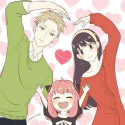 Rule 34 | 1boy, 2girls, :d, ^ ^, anya (spy x family), arms up, black hair, black shirt, blonde hair, blue eyes, blush, closed eyes, closed mouth, collarbone, commentary request, facing viewer, family, hair between eyes, hairband, happy, heart, heart arms trio, heart background, highres, long hair, long sleeves, looking at another, medium hair, multiple girls, open mouth, oyasumisuya, pink hair, red eyes, red sweater, shirt, short hair, short sleeves, simple background, sleeves past wrists, smile, spy x family, straight hair, sweater, teeth, twilight (spy x family), twitter username, upper body, upper teeth only, white background, yellow hairband, yor briar