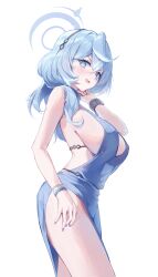 Rule 34 | 1girl, absurdres, ako (blue archive), ako (dress) (blue archive), black hairband, blue archive, blue dress, blue eyes, blue hair, blue halo, blush, breasts, cowboy shot, cuffs, dotthebot, dress, fingernails, hair between eyes, hairband, halo, handcuffs, highres, large breasts, long hair, nail polish, official alternate costume, open mouth, purple nails, sideboob, simple background, solo, thighs, white background