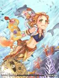 Rule 34 | 1girl, artist name, bare shoulders, blonde hair, copyright name, coral, dolphin, fish, force of will, green eyes, horns, japanese clothes, kamijororo, mermaid, midriff, monster girl, navel, official art, solo, underwater