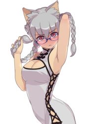 Rule 34 | 1girl, animal ear fluff, animal ears, arm behind head, armpits, arms up, blue-framed eyewear, blush, braid, breasts, cat ears, china dress, chinese clothes, cleavage, cleavage cutout, closed mouth, clothing cutout, commentary request, dress, from side, frown, glasses, hand in own hair, holding, holding own hair, long hair, looking at viewer, looking back, medium breasts, original, ranka (kehotank), red eyes, solo, soumu (kehotank), standing, twin braids, twintails