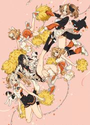 Rule 34 | 5girls, animal ears, black hair, black skirt, blush, brown eyes, brown hair, cheerleader, closed mouth, dog, dog ears, dog tail, highres, holding, holding pom poms, keishin, long hair, looking at viewer, looking away, multicolored hair, multiple girls, open mouth, orange footwear, orange skirt, original, pink background, pleated skirt, pom pom (cheerleading), pom poms, shoes, short hair, short ponytail, simple background, skirt, smile, sneakers, tail, twintails, white hair, white skirt