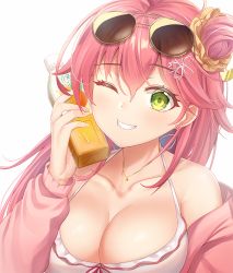 Rule 34 | 1girl, blush, breasts, chisi, cleavage, eyewear on head, green eyes, hair ornament, hairpin, hololive, jacket, juice, large breasts, long hair, looking at viewer, one eye closed, open clothes, open jacket, orange juice, pink hair, sakura miko, smile, solo, sunglasses, teeth, upper body, virtual youtuber, white background