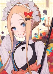 Rule 34 | 1girl, abigail williams (fate), abigail williams (festival outfit) (fate), black bow, blonde hair, blue eyes, blush, bow, braid, breasts, bug, butterfly, closed mouth, dress, eating, fate/grand order, fate (series), food, food on face, forehead, french braid, hair bow, heroic spirit chaldea park outfit, highres, holding, holding stuffed toy, insect, keyhole, long hair, long sleeves, looking at viewer, maid headdress, mop, multiple hair bows, official alternate costume, orange bow, parted bangs, polka dot, polka dot bow, sash, sleeves past fingers, sleeves past wrists, small breasts, solo, stuffed animal, stuffed toy, teddy bear, white dress, yellow bow, yuu (higashi no penguin)