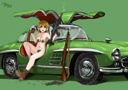 Rule 34 | 1girl, artist name, artist request, bare legs, bare shoulders, blush, boots, breasts, brown footwear, brown gloves, brown hair, car, collarbone, covering privates, female focus, food, full body, fur-trimmed gloves, fur trim, gloves, green background, hair between eyes, holding, holding food, holding weapon, knee up, koizumi hanayo, leaf, leg up, looking at viewer, love live!, love live! school idol project, motor vehicle, onigiri, parted lips, purple eyes, short hair, smile, solo, weapon