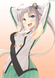 Rule 34 | 10s, 1girl, akitsushima (kancolle), armpits, arms behind head, arms up, bad id, bad pixiv id, grey hair, kankitsunabe (citrus), kantai collection, long hair, military, military uniform, open mouth, purple eyes, side ponytail, solo, uniform