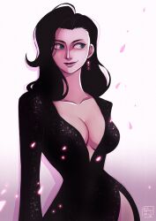 Rule 34 | 1girl, absurdres, black dress, black hair, blue eyes, breasts, cleavage, colored shadow, commentary, cowboy shot, dress, earrings, english commentary, highres, jewelry, large breasts, long hair, long sleeves, looking to the side, nico robin, one piece, petals, shadow, shuravf, side slit, smile, solo, watermark