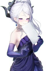 Rule 34 | 1girl, amano misaki, bare shoulders, blue archive, dress, elbow gloves, gloves, highres, hina (blue archive), hina (dress) (blue archive), holding, holding paper, looking at viewer, medium hair, paper, purple dress, purple eyes, simple background, smile, solo, white hair