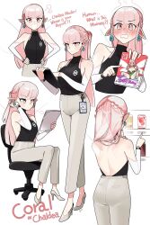 Rule 34 | backless outfit, coral (fate), earrings, english text, fairy, fairy wings, fate/grand order, fate (series), hands on own hips, high heels, highres, holding, holding paper, jewelry, lanyard, magazine (object), monkey jon, pants, paper, pink hair, pointy ears, sweatpants, wings