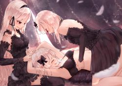 Rule 34 | 3girls, absurdres, albino, bare shoulders, benevole, black bow, black bra, black dress, black ribbon, blush, bow, bra, closed eyes, commentary request, curtains, dress, facing another, frills, gothic lolita, hair bow, hair ribbon, highres, holding another&#039;s wrist, incest, jewelry, kneeling, lolita fashion, long hair, looking at another, lying, medium hair, multiple girls, necklace, on back, original, pink eyes, ribbon, siblings, sisters, sitting, tickling, tickling sides, underwear, very long hair, white hair, yuri