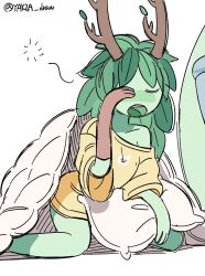 1girl adventure_time antlers breasts closed_eyes colored_skin colored_tongue finn_the_human green_hair green_skin green_tongue highres holding holding_pillow horns huntress_wizard leaf open_mouth pillow plant_hair simple_background waking_up white_background yakza_draw