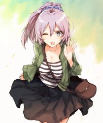 Rule 34 | 1girl, ;d, alternate costume, aoba (kancolle), bag, black shirt, blue eyes, breasts, casual, cleavage, collarbone, cowboy shot, green jacket, handbag, hanging breasts, highres, jacket, kantai collection, kinona, large breasts, leaning forward, looking at viewer, one eye closed, open mouth, ponytail, purple hair, scrunchie, shirt, smile, solo, striped clothes, striped shirt, waving arm