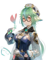Rule 34 | absurdres, anemo symbol (genshin impact), blue shirt, breasts, brown-framed eyewear, chemicals, genshin impact, glasses, gloves, gold trim, green hair, hair between eyes, hair ears, hat, heart, highres, holding, holding test tube, light blush, long hair, looking at viewer, medium breasts, multicolored clothes, open mouth, semi-rimless eyewear, shirt, sucrose (genshin impact), test tube, white background, white gloves, white hat, white sleeves, yellow eyes, yonesdraws