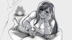 Rule 34 | 1girl, blush, breasts, cleavage, detached sleeves, earrings, elbow pads, feiryu, final fantasy, final fantasy vii, fingerless gloves, gloves, handjob, huge breasts, jewelry, large breasts, long hair, monochrome, open mouth, pov, shirt, sketch, solo, sweat, tank top, tifa lockhart