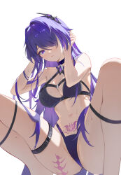 Rule 34 | 1girl, absurdres, acheron (honkai: star rail), bare arms, bare shoulders, bikini, black bikini, blhazx, breasts, cleavage, commentary request, hair ornament, hair over one eye, highres, honkai: star rail, honkai (series), long hair, looking at viewer, medium breasts, navel, pubic tattoo, purple eyes, purple hair, revision, simple background, solo, squatting, stomach, swimsuit, tattoo, thigh strap, thighs, very long hair, white background