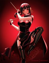 Rule 34 | 1girl, black dress, black footwear, black hair, boots, breasts, dagger, dr altruist, dress, dual wielding, flower, gold hairband, hair flower, hair ornament, hairband, high heel boots, high heels, holding, holding dagger, holding knife, holding weapon, knife, large breasts, patent boots, red eyes, rose, sleeveless, sleeveless dress, solo, spy x family, standing, standing on one leg, thigh boots, thighhighs, two-sided dress, two-sided fabric, weapon, yor briar