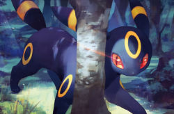 Rule 34 | commentary, creature, creatures (company), english commentary, forest, game freak, gen 2 pokemon, grass, murayama ryota, nature, nintendo, no humans, official art, outdoors, pokemon, pokemon (creature), pokemon tcg, red eyes, solo, third-party source, tree, umbreon, walking