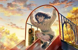 1girl :d arms_up black_footwear black_shorts blue_sky casual cloud collared_shirt full_body game_cg gradient_sky highres link!_like!_love_live! long_sleeves looking_at_viewer love_live! murano_sayaka official_alternate_costume official_art open_mouth outdoors playground polo_shirt shirt shoes short_shorts shorts sky sleeves_past_wrists slide smile sneakers socks solo sunset third-party_source tree virtual_youtuber white_shirt white_socks yellow_sky