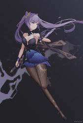 Rule 34 | 1girl, black dress, black footwear, breasts, brown pantyhose, collarbone, cone hair bun, double bun, dress, frown, full body, genshin impact, gradient background, grey background, hair bun, hair ears, high heels, highres, holding, holding sword, holding weapon, index finger raised, keqing (genshin impact), keqing (opulent splendor) (genshin impact), leg up, looking to the side, medium breasts, multicolored clothes, multicolored dress, official alternate costume, official alternate hairstyle, pantyhose, pearl hair ornament, print pantyhose, purple eyes, purple hair, reverse grip, running, serious, signature, solo, strapless, strapless dress, sword, thighs, two-tone dress, weapon, wuyi p