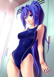 Rule 34 | 00s, 1girl, arena (company), blue eyes, blue hair, blue one-piece swimsuit, blush, breasts, cameltoe, competition swimsuit, dutch angle, covered erect nipples, groin, hair intakes, hayase mitsuki, highres, impossible clothes, kimi ga nozomu eien, locker, long hair, looking at viewer, matching hair/eyes, norizou type-r, one-piece swimsuit, ponytail, skin tight, solo, swimsuit, very long hair