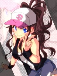 Rule 34 | 1girl, absurdres, black footwear, black jacket, blue eyes, blue shorts, brown hair, closed mouth, cowboy shot, creatures (company), face, full body, game freak, hat, highres, hilda (pokemon), jacket, long hair, looking at viewer, nintendo, no (yuki), open mouth, pokemon, pokemon bw, ponytail, shirt, shoes, shorts, simple background, smile, smiley face, solo, white background, white hat, white shirt
