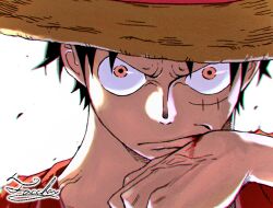 Rule 34 | 1boy, artist name, black hair, blood, blood on hands, blood on mouth, closed mouth, commentary, commentary request, english commentary, facial scar, hat, highres, looking at viewer, male focus, mixed-language commentary, monkey d. luffy, one piece, orange eyes, scar, scar on cheek, scar on face, short hair, signature, simple background, solo, straw hat, tacchan56110, white background