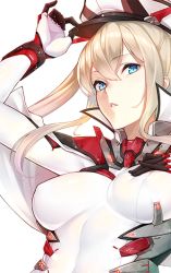 Rule 34 | 10s, 1girl, adjusting clothes, adjusting headwear, blonde hair, blue eyes, bodysuit, breasts, capelet, female focus, from below, graf zeppelin (kancolle), hair between eyes, hat, kantai collection, long hair, looking at viewer, neon trim, parted lips, peaked cap, shiny clothes, sidelocks, simple background, skin tight, solo, twintails, upper body, uyu (keyakinoki), white background