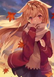 Rule 34 | 10s, 1girl, autumn leaves, black skirt, blonde hair, blush, cardigan, dusk, hair flaps, hair ornament, hair tie, hairclip, jacket, kantai collection, long hair, long sleeves, looking at viewer, open clothes, open jacket, outdoors, pleated skirt, red eyes, red jacket, scarf, shugao, skirt, sleeves past wrists, smile, solo, yuudachi (kancolle), yuudachi kai ni (kancolle)